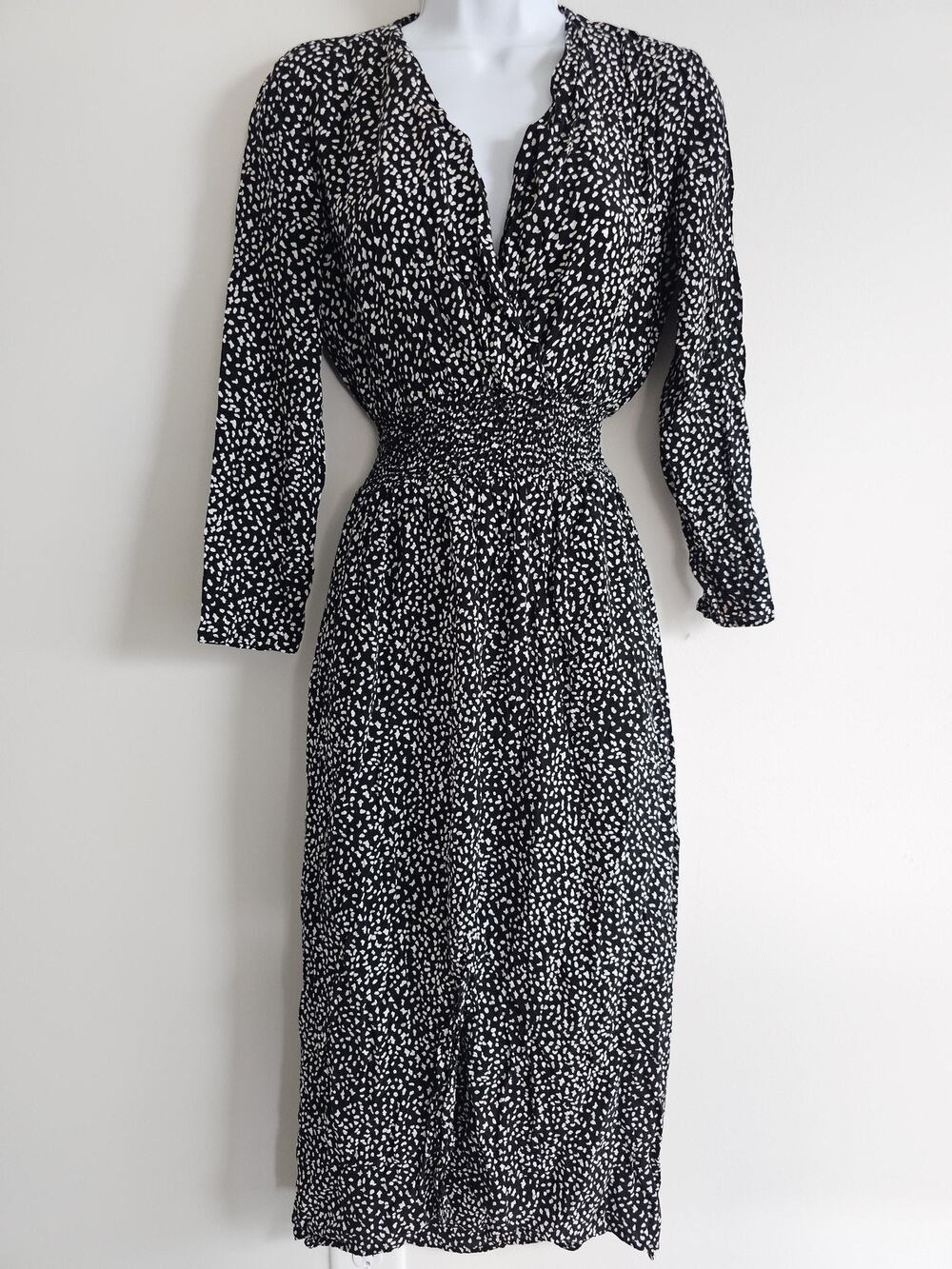 Maje Midi Dress Womens Medium Black Shirred Smocked Waist Timeless Flowy Preppy